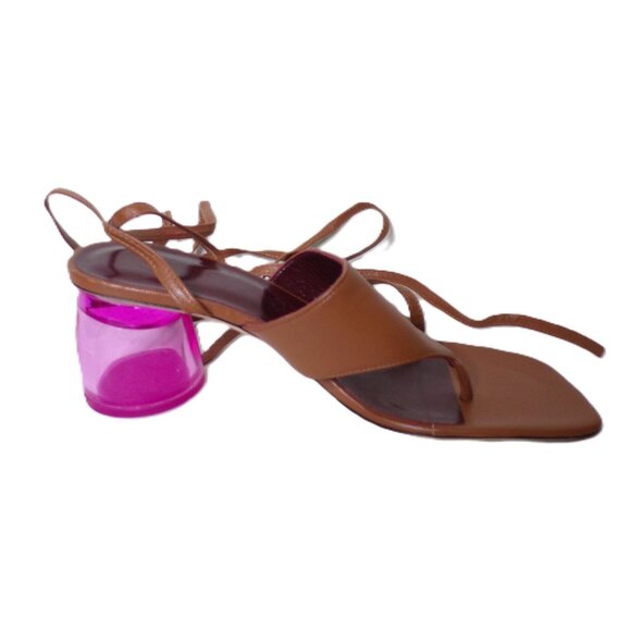 🆕STAUD Adora Lace Up Lucite Block Heel Sandal Shoes 7 Tan Pink - Picture 8 of 12